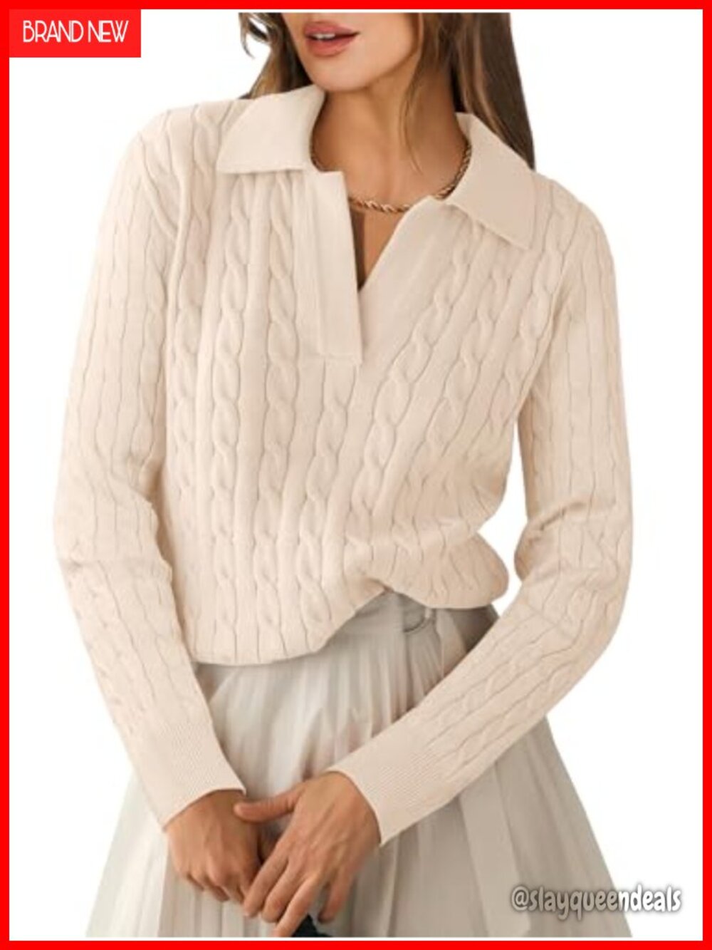 Cable Knit Polo Sweater Long Sleeve V-Neck Pullover for Fall Work